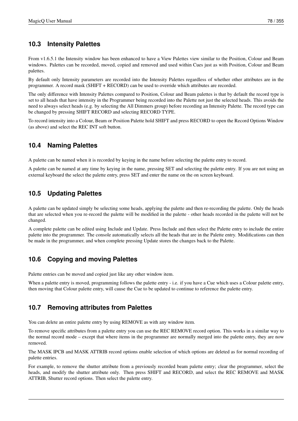 Intensity palettes, Naming palettes, Updating palettes | Copying and moving palettes, Removing attributes from palettes, 3 intensity palettes, 4 naming palettes, 5 updating palettes, 6 copying and moving palettes, 7 removing attributes from palettes | ChamSys MagicQ User Manual User Manual | Page 107 / 384