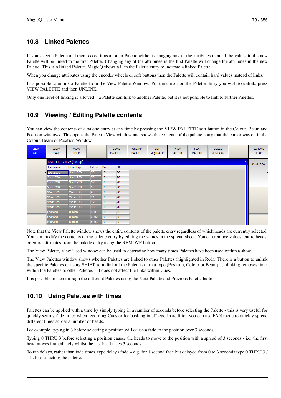 Linked palettes, Viewing / editing palette contents, Using palettes with times | 8 linked palettes, 9 viewing / editing palette contents, 10using palettes with times, 10 using palettes with times | ChamSys MagicQ User Manual User Manual | Page 108 / 384