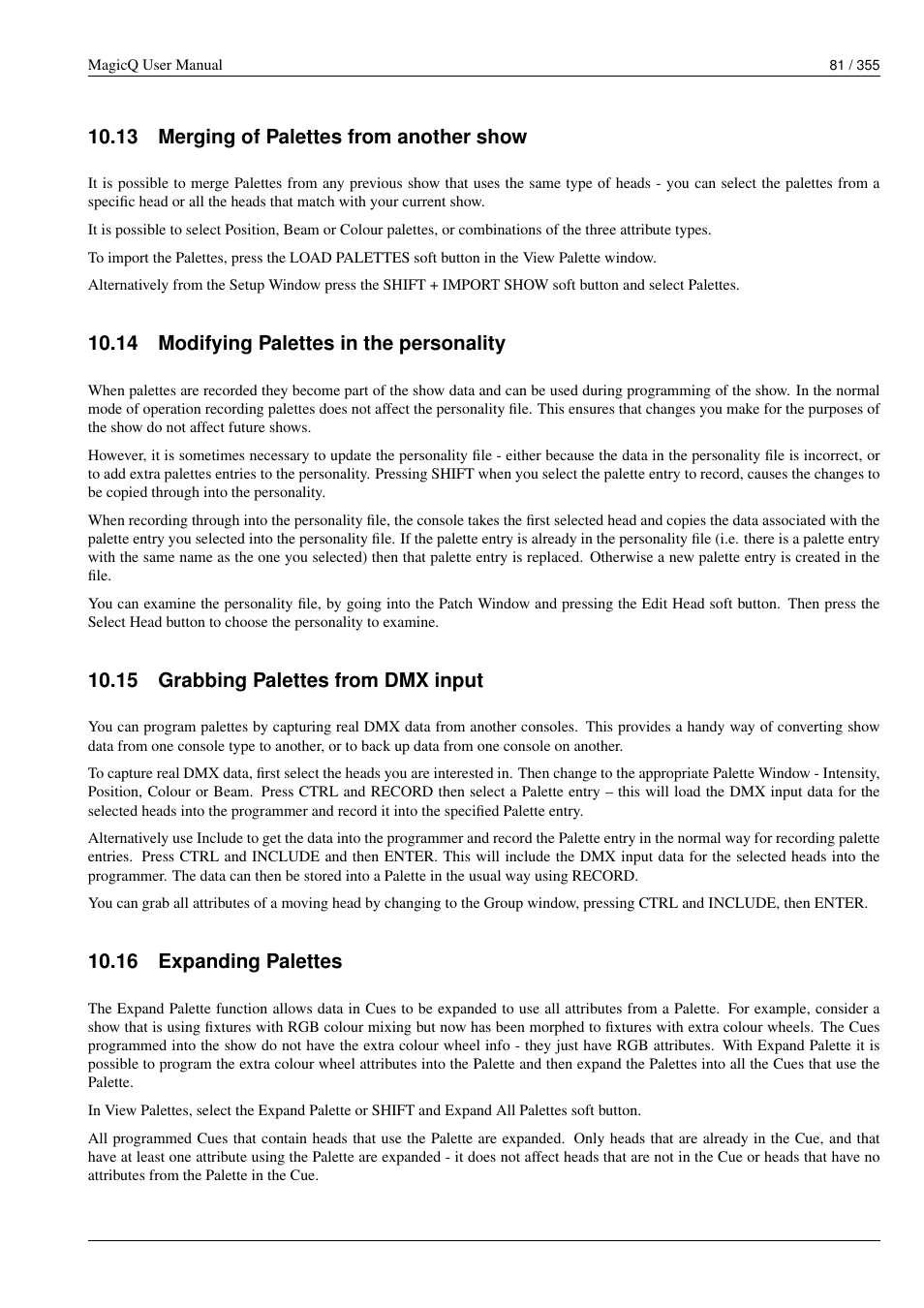 Merging of palettes from another show, Modifying palettes in the personality, Grabbing palettes from dmx input | Expanding palettes, 13merging of palettes from another show, 14modifying palettes in the personality, 15grabbing palettes from dmx input, 16expanding palettes | ChamSys MagicQ User Manual User Manual | Page 110 / 384