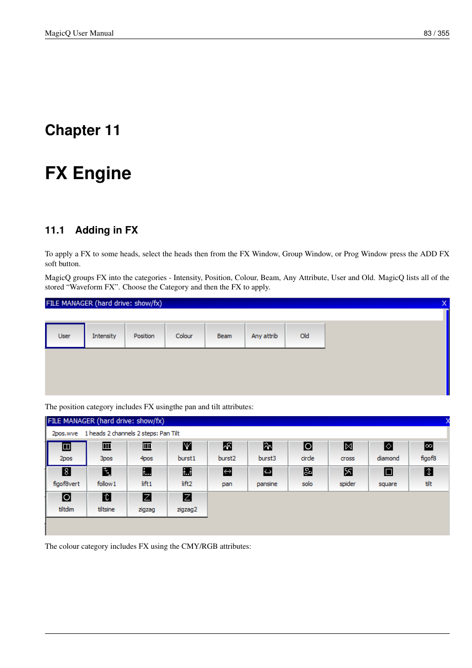 Fx engine, Adding in fx, 11 fx engine | 1 adding in fx, Chapter 11 | ChamSys MagicQ User Manual User Manual | Page 112 / 384