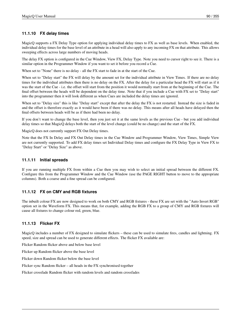 Fx delay times, Initial spreads, Fx on cmy and rgb fixtures | Flicker fx, 10 fx delay times, 11 initial spreads, 12 fx on cmy and rgb fixtures, 13 flicker fx | ChamSys MagicQ User Manual User Manual | Page 119 / 384