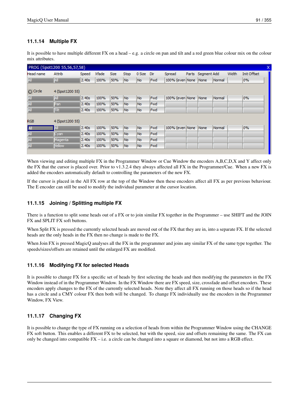 Multiple fx, Joining / splitting multiple fx, Modifying fx for selected heads | Changing fx, 14 multiple fx, 15 joining / splitting multiple fx, 16 modifying fx for selected heads, 17 changing fx | ChamSys MagicQ User Manual User Manual | Page 120 / 384