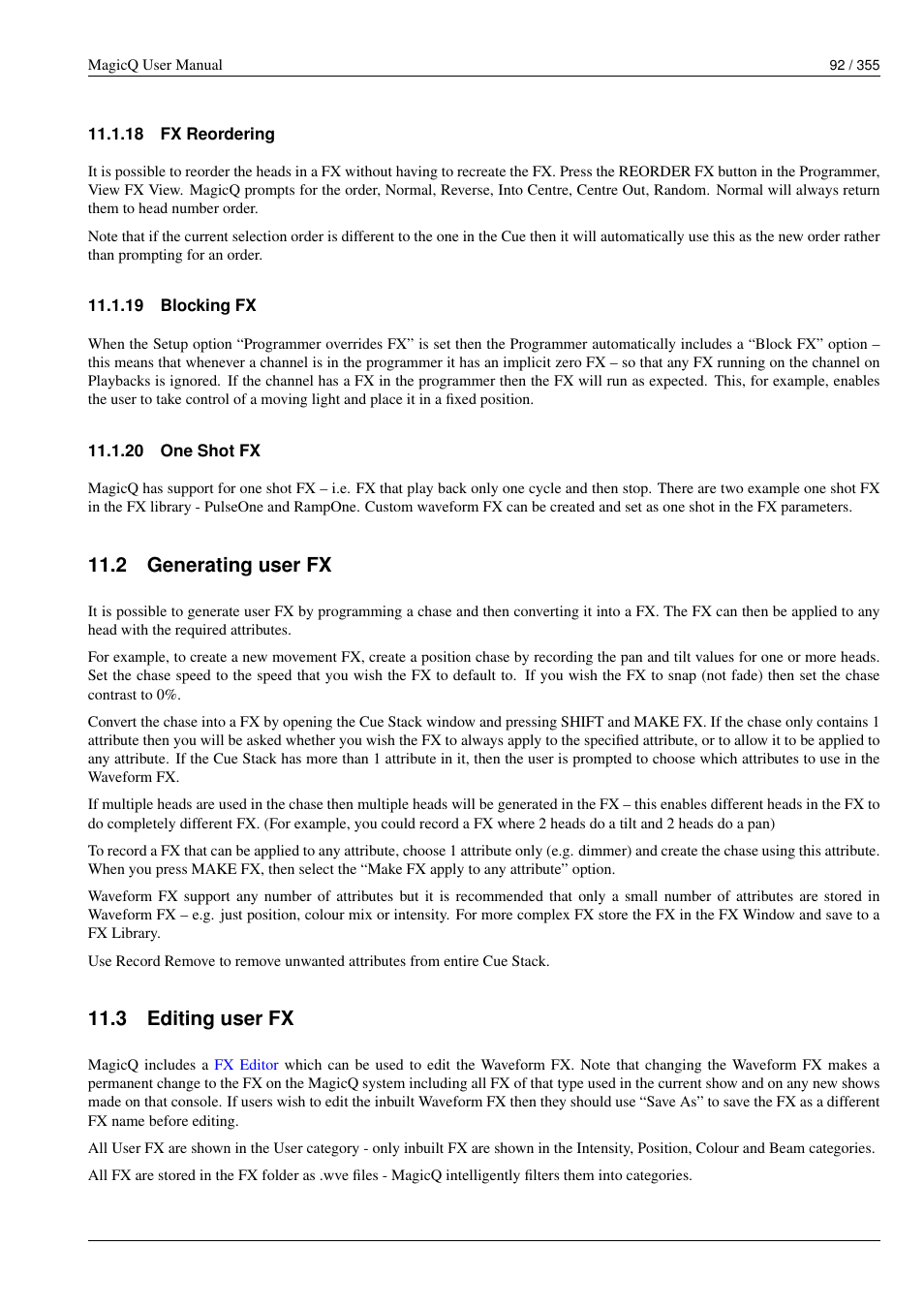 Fx reordering, Blocking fx, One shot fx | Generating user fx, Editing user fx, 18 fx reordering, 19 blocking fx, 20 one shot fx, 2 generating user fx, 3 editing user fx | ChamSys MagicQ User Manual User Manual | Page 121 / 384