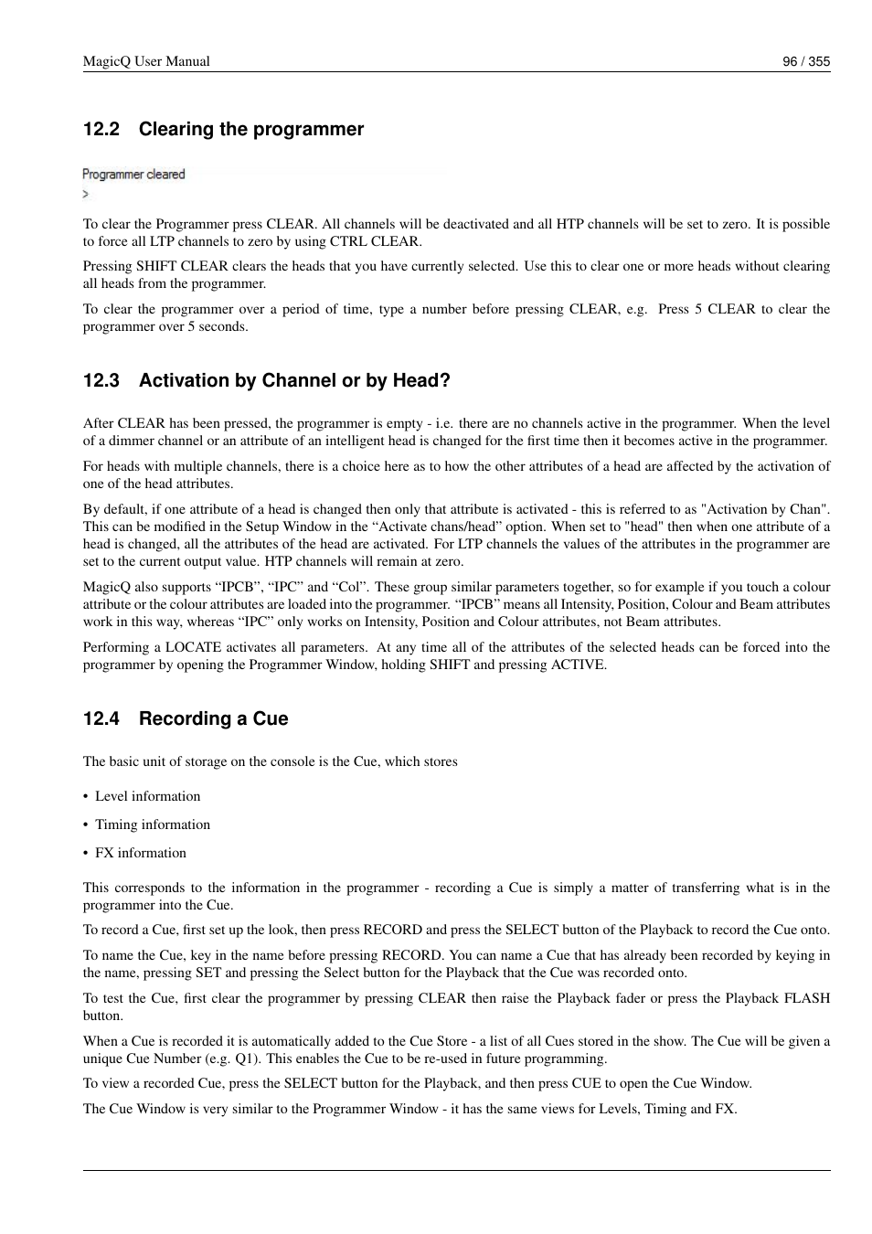 Clearing the programmer, Activation by channel or by head, Recording a cue | 2 clearing the programmer, 3 activation by channel or by head, 4 recording a cue | ChamSys MagicQ User Manual User Manual | Page 125 / 384