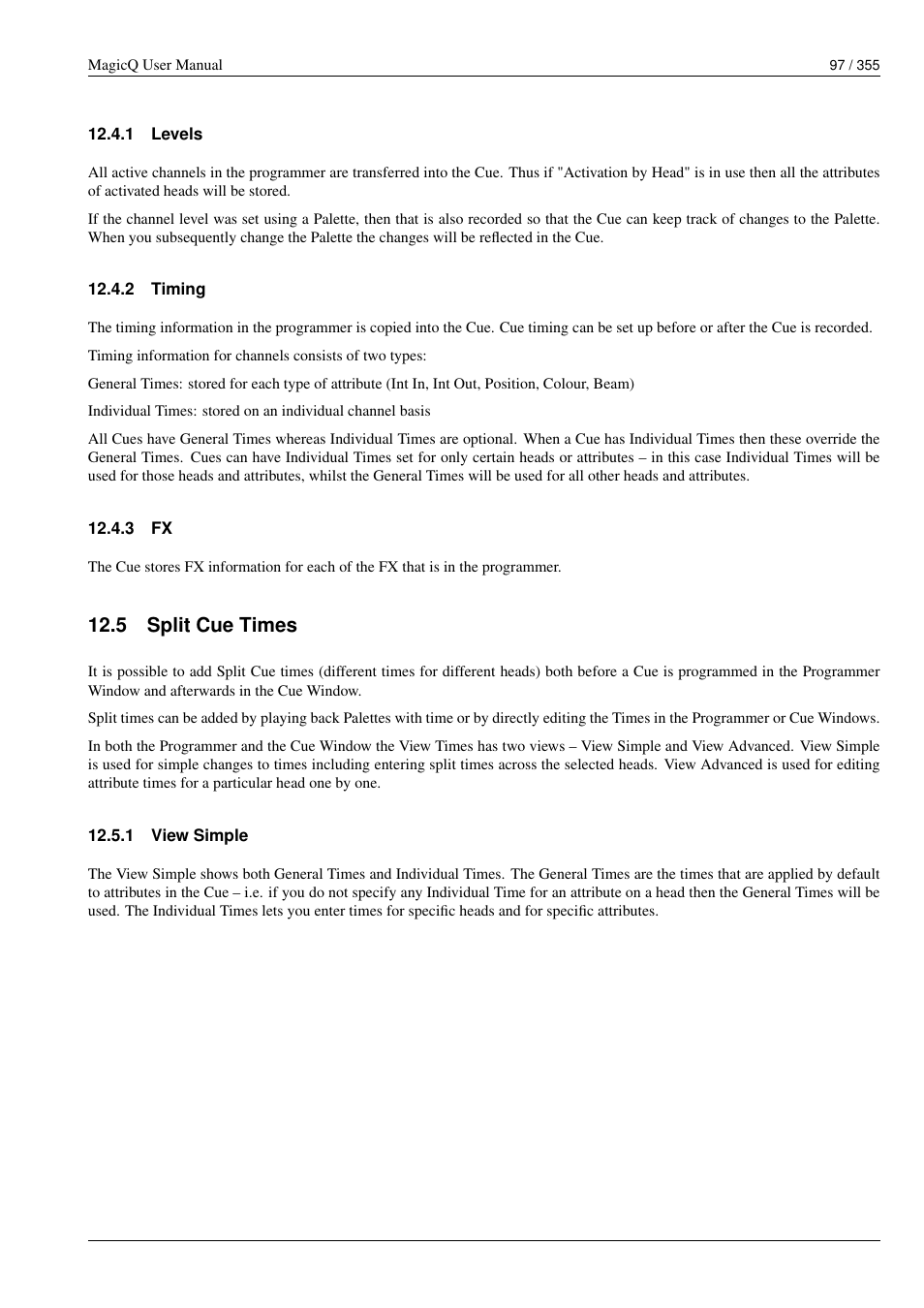 Levels, Timing, Split cue times | View simple, 1 levels, 2 timing, 3 fx, 5 split cue times, 1 view simple | ChamSys MagicQ User Manual User Manual | Page 126 / 384