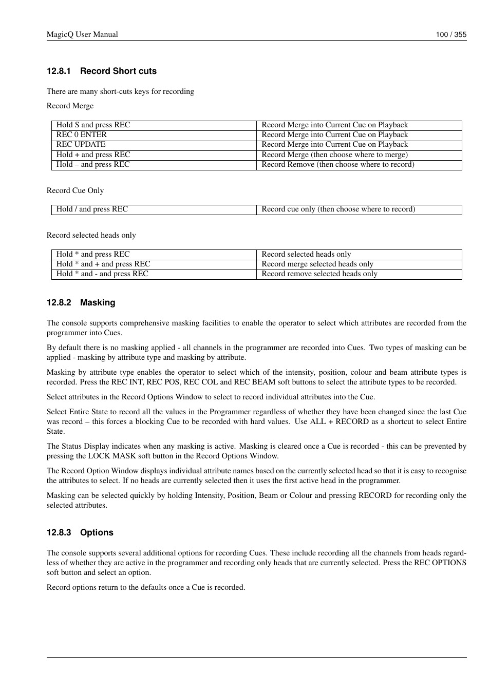 Record short cuts, Masking, Options | 1 record short cuts, 2 masking, 3 options | ChamSys MagicQ User Manual User Manual | Page 129 / 384