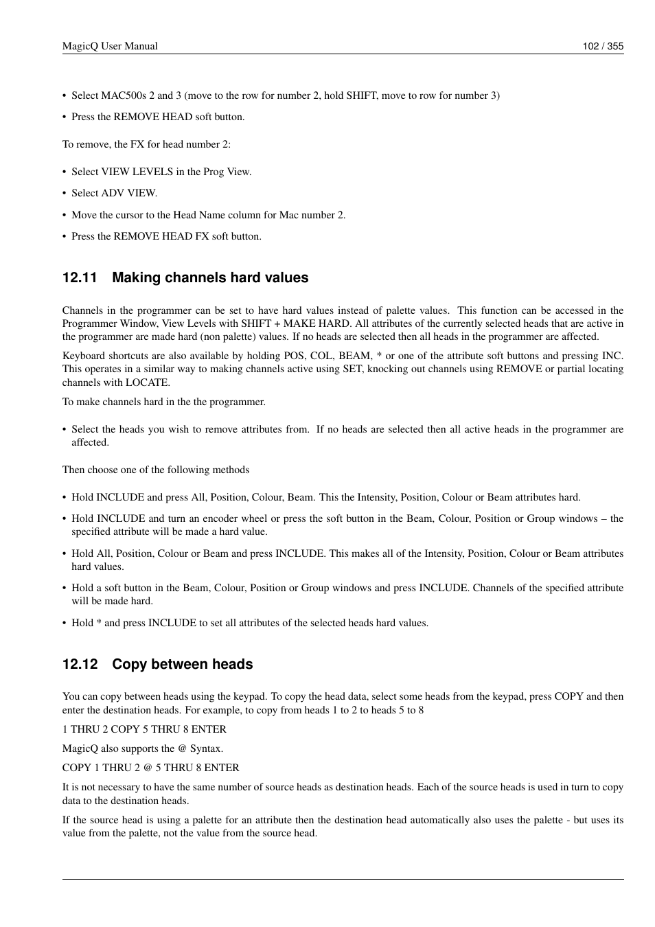 Making channels hard values, Copy between heads, 11making channels hard values | 12copy between heads, 11 making channels hard values, 12 copy between heads | ChamSys MagicQ User Manual User Manual | Page 131 / 384