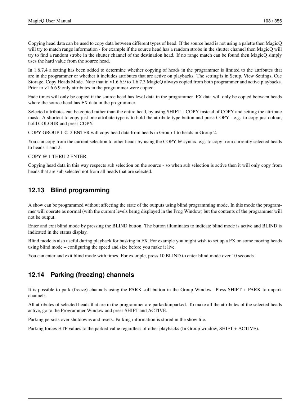 Blind programming, Parking (freezing) channels, 13blind programming | 14parking (freezing) channels, 13 blind programming, 14 parking (freezing) channels | ChamSys MagicQ User Manual User Manual | Page 132 / 384