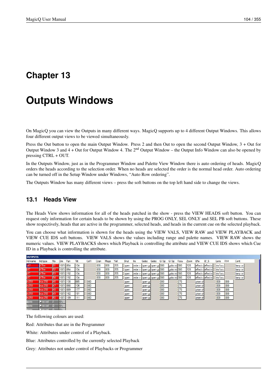 Outputs windows, Heads view, 13 outputs windows | 1 heads view, Chapter 13 | ChamSys MagicQ User Manual User Manual | Page 133 / 384