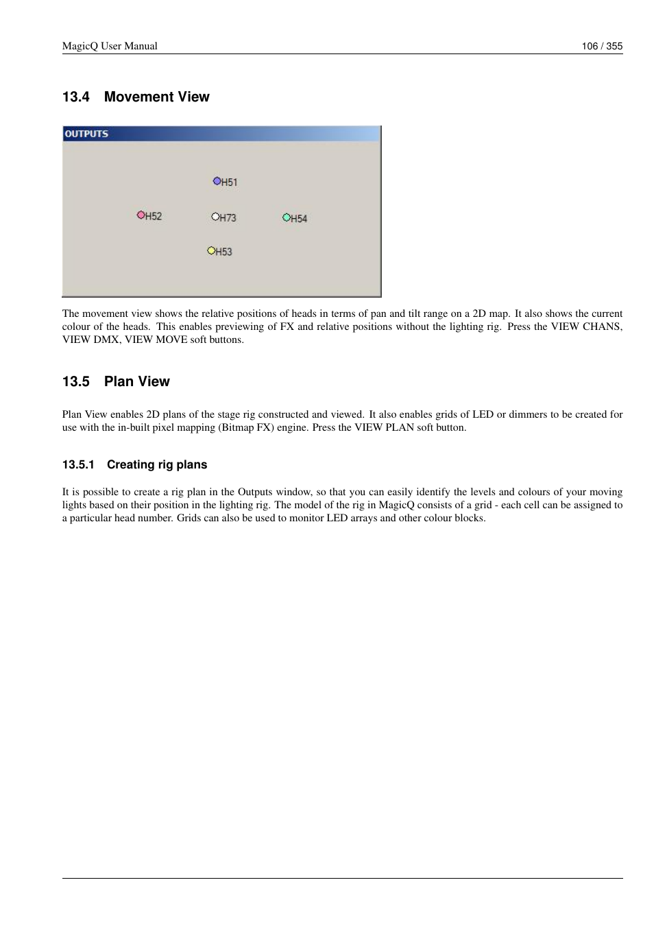 Movement view, Plan view, Creating rig plans | 4 movement view, 5 plan view, 1 creating rig plans | ChamSys MagicQ User Manual User Manual | Page 135 / 384