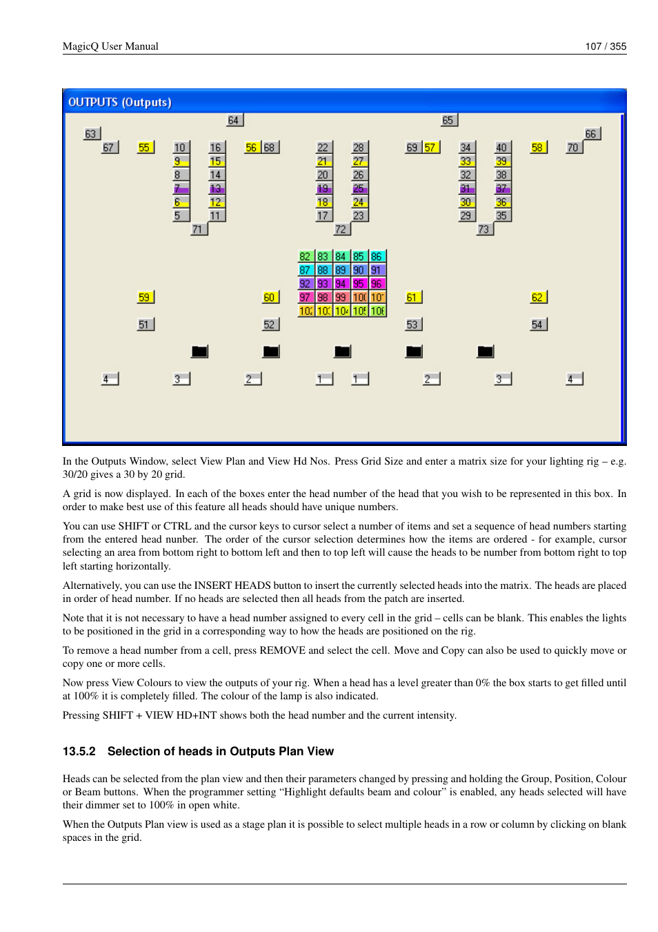 Selection of heads in outputs plan view, 2 selection of heads in outputs plan view | ChamSys MagicQ User Manual User Manual | Page 136 / 384