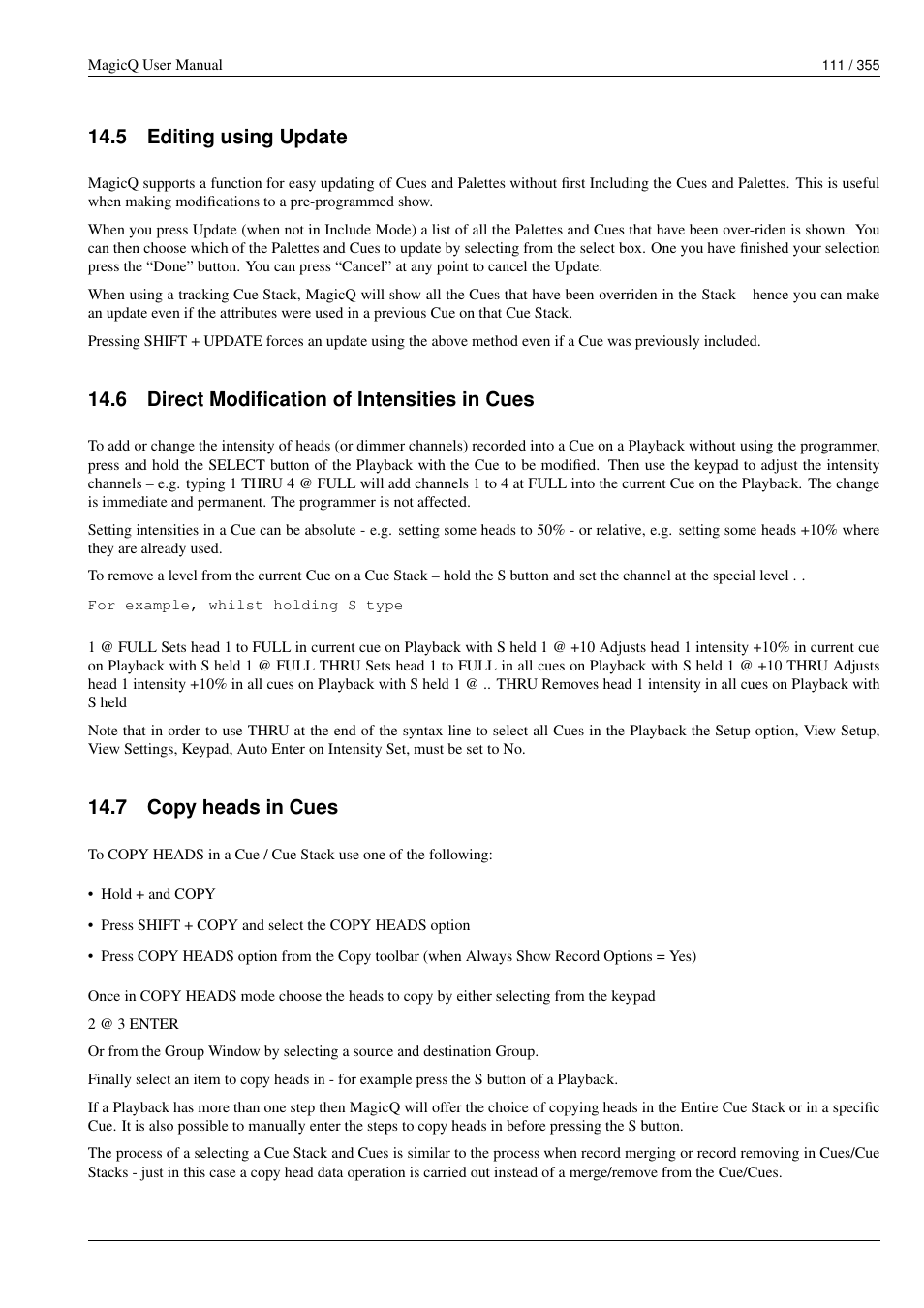 Editing using update, Direct modification of intensities in cues, Copy heads in cues | 5 editing using update, 6 direct modification of intensities in cues, 7 copy heads in cues | ChamSys MagicQ User Manual User Manual | Page 140 / 384