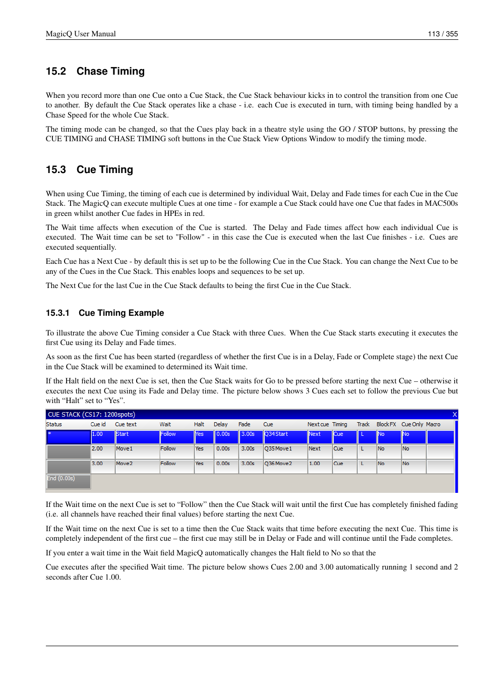 Chase timing, Cue timing, Cue timing example | 2 chase timing, 3 cue timing, 1 cue timing example | ChamSys MagicQ User Manual User Manual | Page 142 / 384