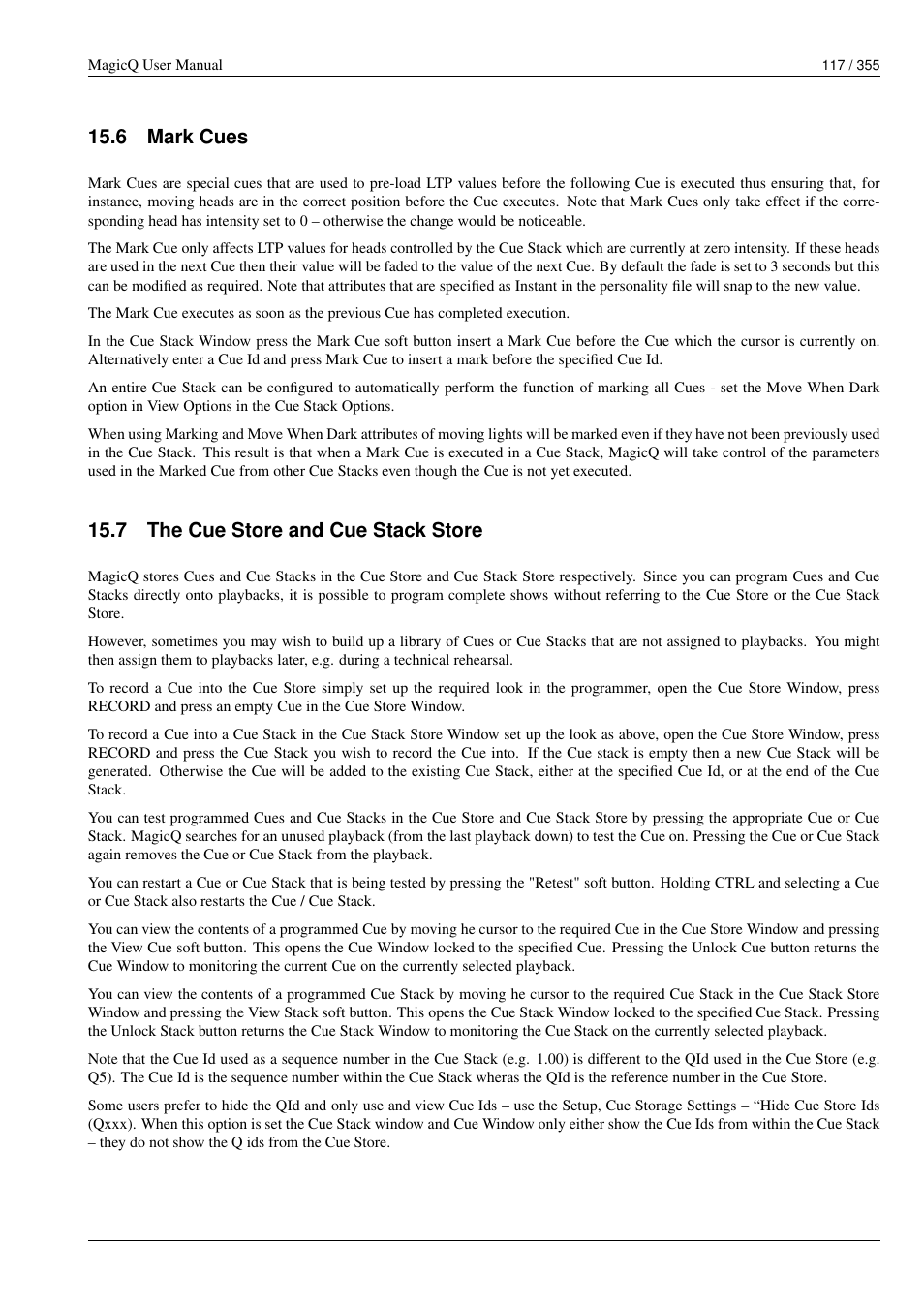 Mark cues, The cue store and cue stack store, 6 mark cues | 7 the cue store and cue stack store | ChamSys MagicQ User Manual User Manual | Page 146 / 384