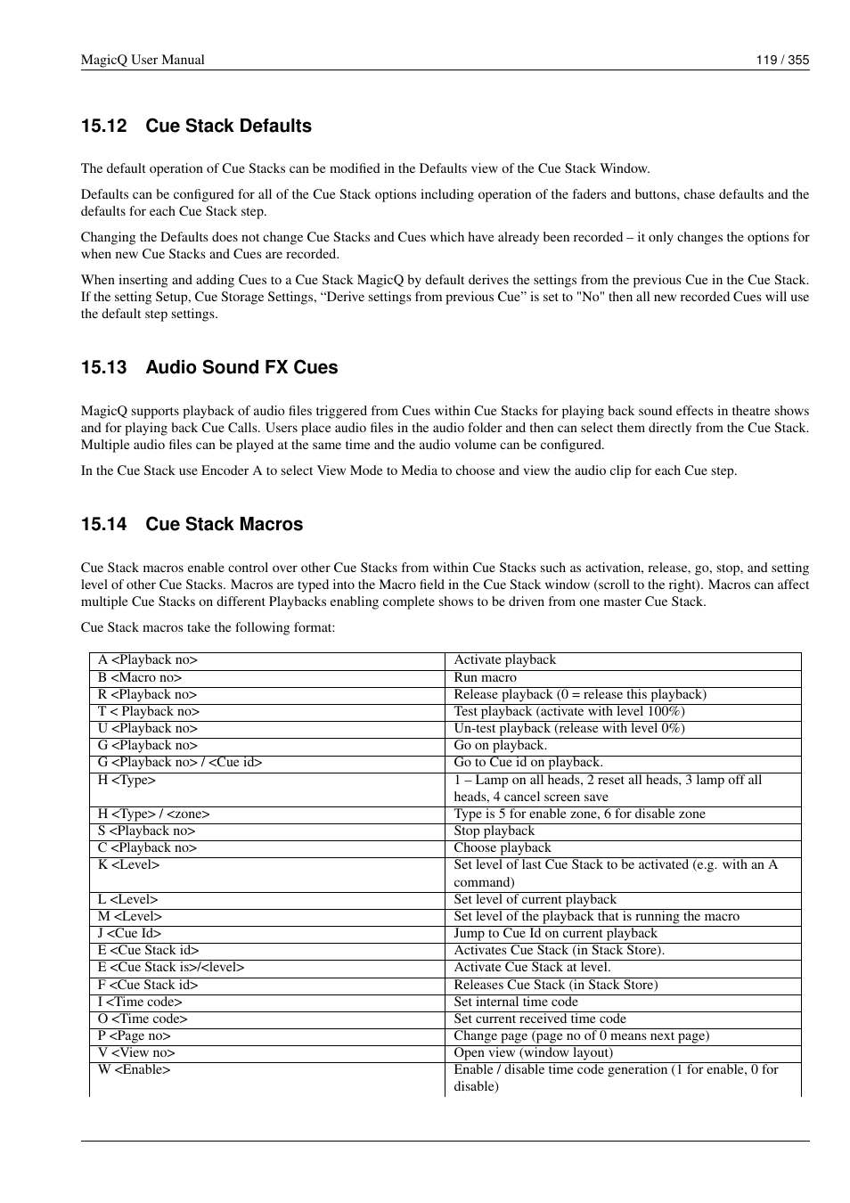 Cue stack defaults, Audio sound fx cues, Cue stack macros | 12cue stack defaults, 13audio sound fx cues, 14cue stack macros, 12 cue stack defaults, 13 audio sound fx cues, 14 cue stack macros | ChamSys MagicQ User Manual User Manual | Page 148 / 384