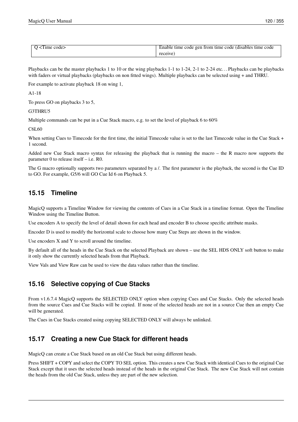 Timeline, Selective copying of cue stacks, Creating a new cue stack for different heads | 15timeline, 16selective copying of cue stacks, 17creating a new cue stack for different heads, 15 timeline, 16 selective copying of cue stacks, 17 creating a new cue stack for different heads | ChamSys MagicQ User Manual User Manual | Page 149 / 384