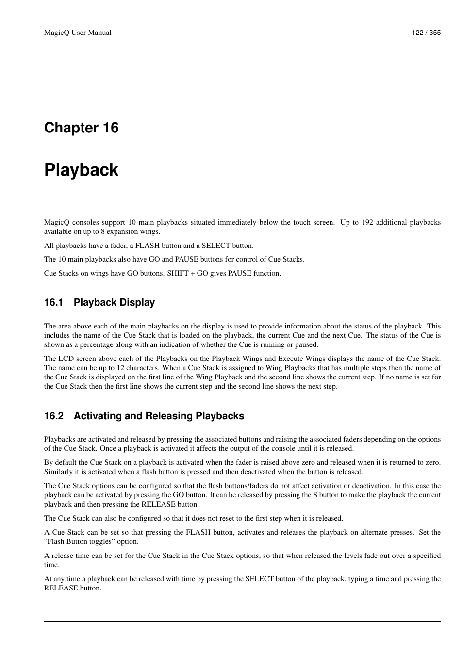 Playback, Playback display, Activating and releasing playbacks | 16 playback, 1 playback display, 2 activating and releasing playbacks, Chapter 16 | ChamSys MagicQ User Manual User Manual | Page 151 / 384