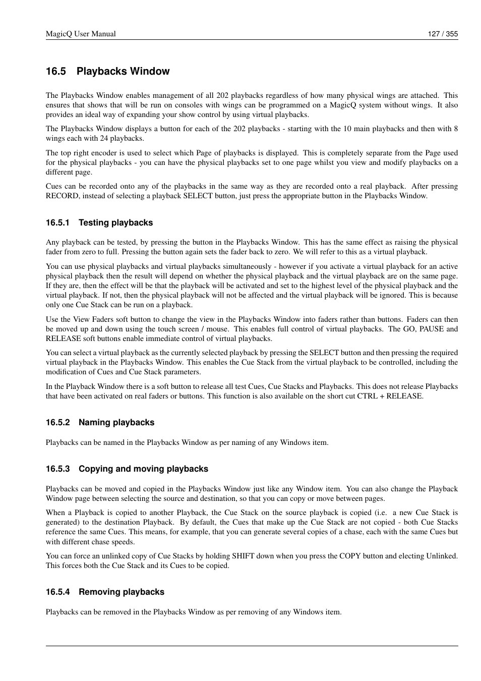 Playbacks window, Testing playbacks, Naming playbacks | Copying and moving playbacks, Removing playbacks, 5 playbacks window, 1 testing playbacks, 2 naming playbacks, 3 copying and moving playbacks, 4 removing playbacks | ChamSys MagicQ User Manual User Manual | Page 156 / 384