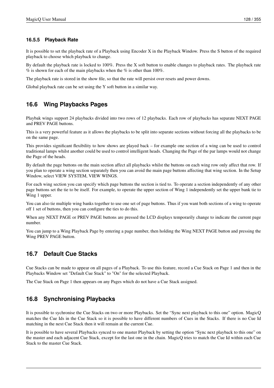 Playback rate, Default cue stacks, Synchronising playbacks | 5 playback rate, 7 default cue stacks, 8 synchronising playbacks, 6 wing playbacks pages | ChamSys MagicQ User Manual User Manual | Page 157 / 384