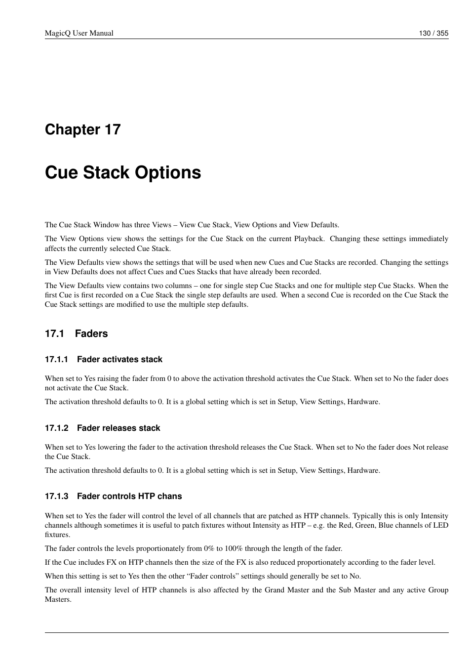 Cue stack options, Faders, Fader activates stack | Fader releases stack, Fader controls htp chans, 17 cue stack options, 1 faders, 1 fader activates stack, 2 fader releases stack, 3 fader controls htp chans | ChamSys MagicQ User Manual User Manual | Page 159 / 384