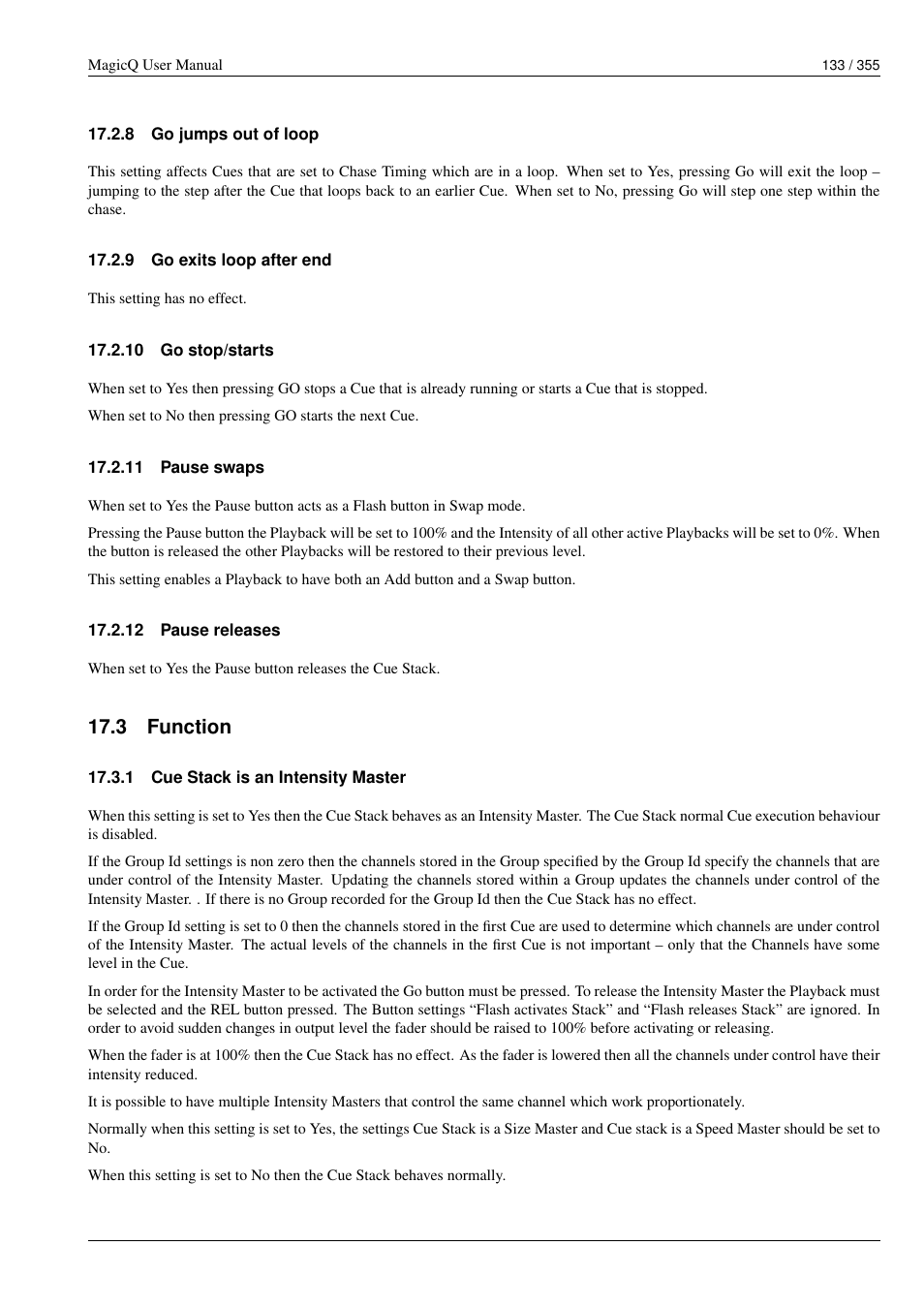 Go jumps out of loop, Go exits loop after end, Go stop/starts | Pause swaps, Pause releases, Function, Cue stack is an intensity master, 8 go jumps out of loop, 9 go exits loop after end, 10 go stop/starts | ChamSys MagicQ User Manual User Manual | Page 162 / 384