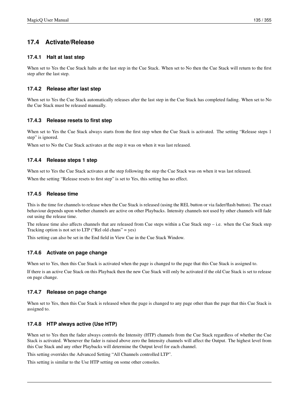 Activate/release, Halt at last step, Release after last step | Release resets to first step, Release steps 1 step, Release time, Htp always active (use htp), 4 activate/release, 1 halt at last step, 2 release after last step | ChamSys MagicQ User Manual User Manual | Page 164 / 384