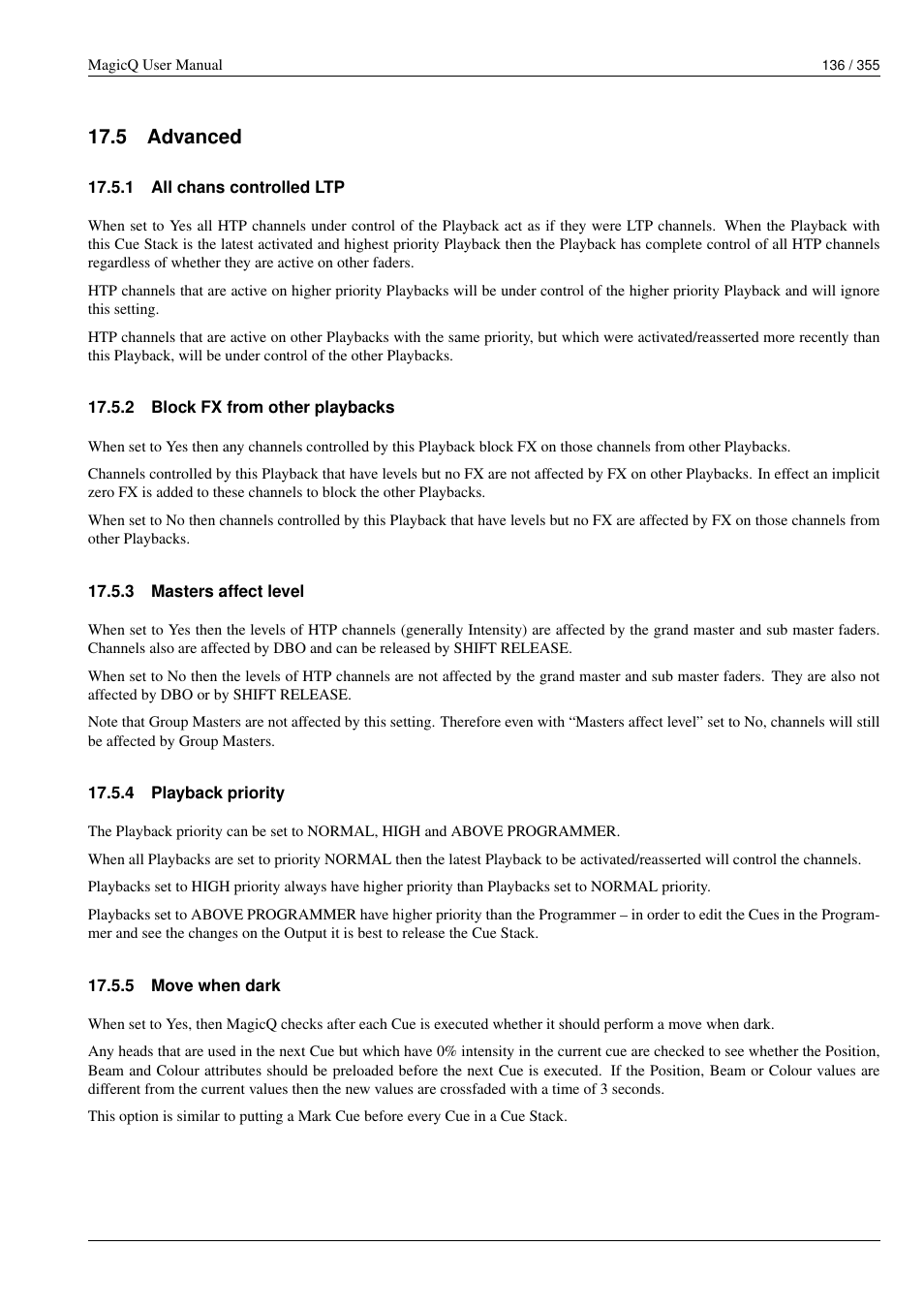 Advanced, All chans controlled ltp, Block fx from other playbacks | Masters affect level, Playback priority, Move when dark, 5 advanced, 1 all chans controlled ltp, 2 block fx from other playbacks, 3 masters affect level | ChamSys MagicQ User Manual User Manual | Page 165 / 384