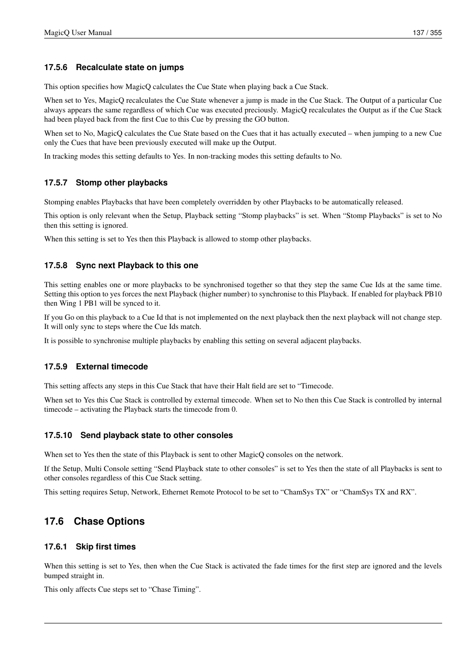 Recalculate state on jumps, Stomp other playbacks, Sync next playback to this one | External timecode, Send playback state to other consoles, Chase options, Skip first times, 6 recalculate state on jumps, 7 stomp other playbacks, 8 sync next playback to this one | ChamSys MagicQ User Manual User Manual | Page 166 / 384