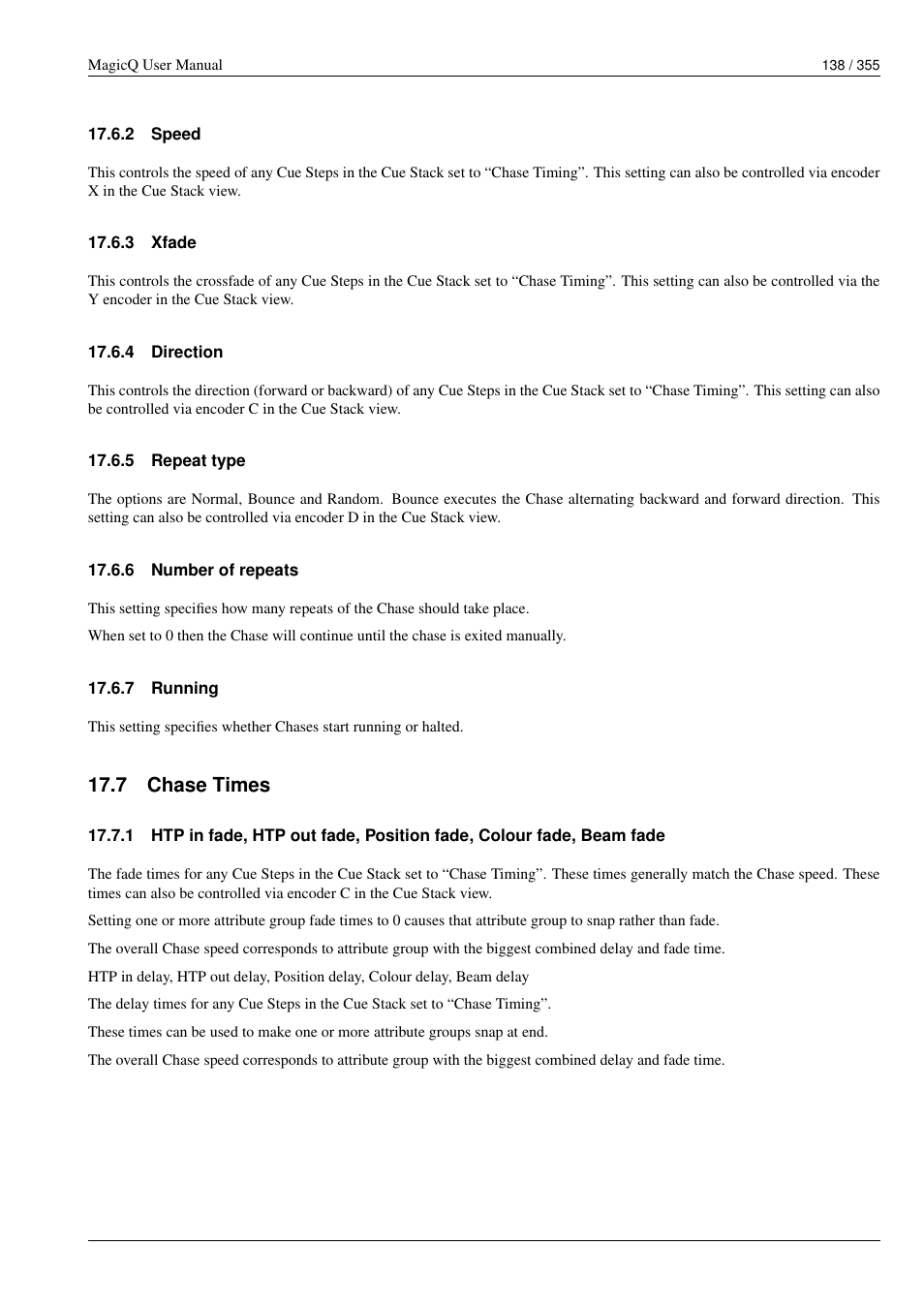 Speed, Xfade, Direction | Repeat type, Number of repeats, Running, Chase times, 2 speed, 3 xfade, 4 direction | ChamSys MagicQ User Manual User Manual | Page 167 / 384