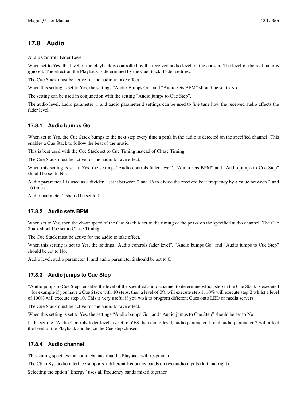 Audio, Audio bumps go, Audio sets bpm | Audio jumps to cue step, Audio channel, 8 audio, 1 audio bumps go, 2 audio sets bpm, 3 audio jumps to cue step, 4 audio channel | ChamSys MagicQ User Manual User Manual | Page 168 / 384