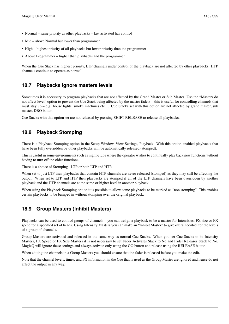 Playbacks ignore masters levels, Playback stomping, Group masters (inhibit masters) | 7 playbacks ignore masters levels, 8 playback stomping, 9 group masters (inhibit masters) | ChamSys MagicQ User Manual User Manual | Page 174 / 384