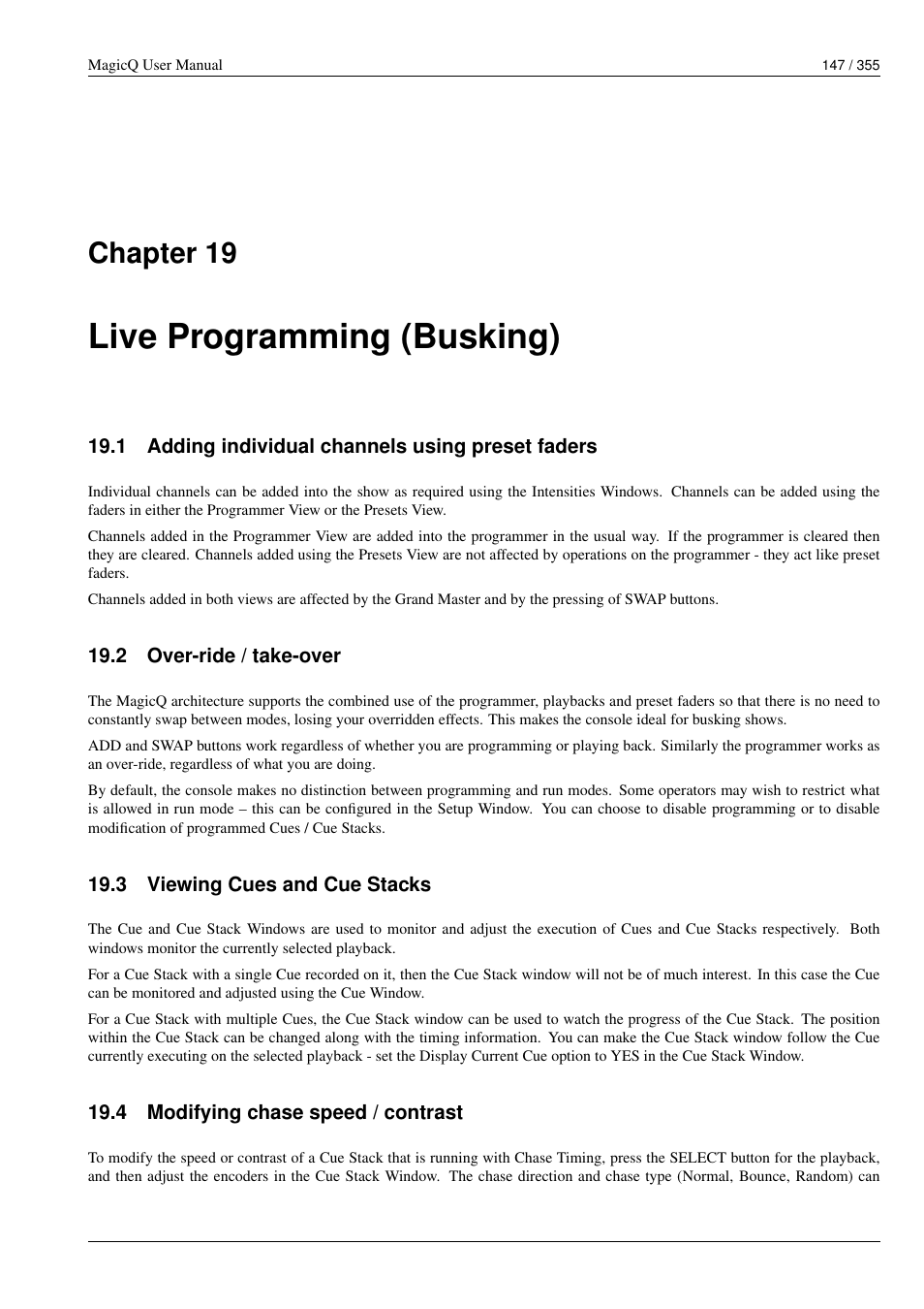 Live programming (busking), Adding individual channels using preset faders, Over-ride / take-over | Viewing cues and cue stacks, Modifying chase speed / contrast, 19 live programming (busking), 1 adding individual channels using preset faders, 2 over-ride / take-over, 3 viewing cues and cue stacks, 4 modifying chase speed / contrast | ChamSys MagicQ User Manual User Manual | Page 176 / 384