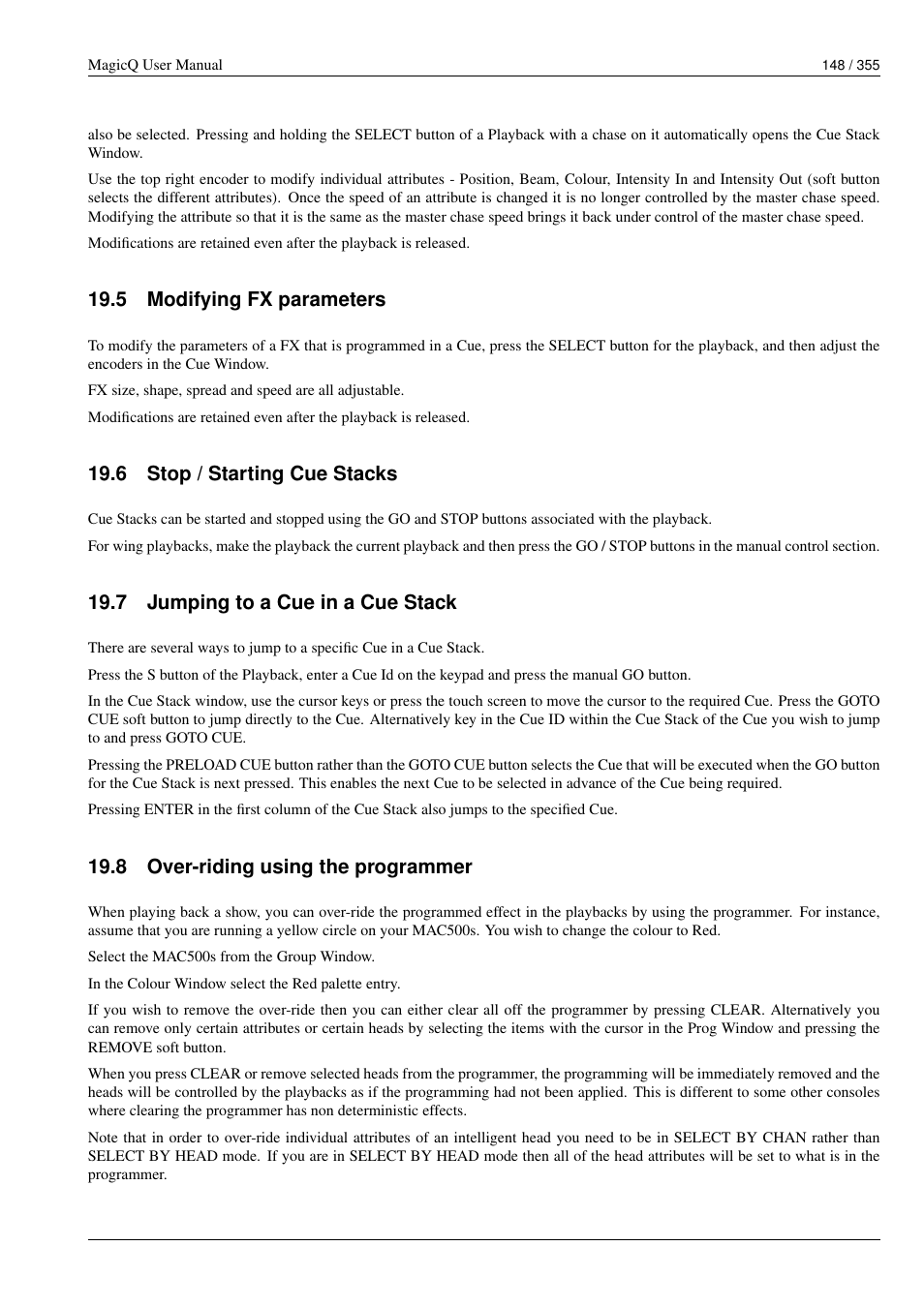 Modifying fx parameters, Stop / starting cue stacks, Jumping to a cue in a cue stack | Over-riding using the programmer, 5 modifying fx parameters, 6 stop / starting cue stacks, 7 jumping to a cue in a cue stack, 8 over-riding using the programmer | ChamSys MagicQ User Manual User Manual | Page 177 / 384