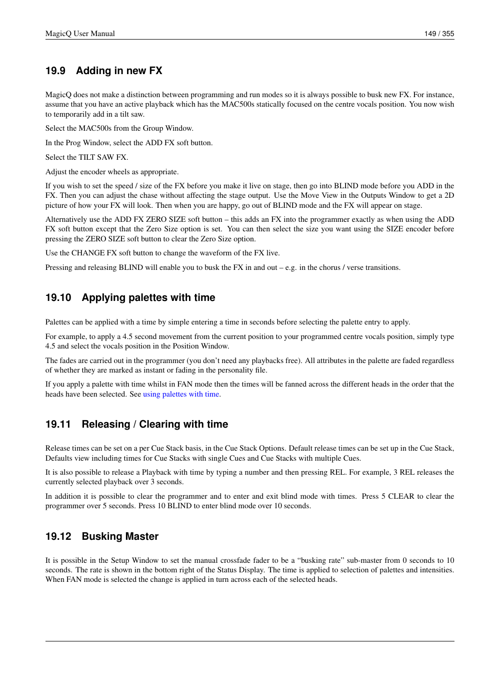 Adding in new fx, Applying palettes with time, Releasing / clearing with time | Busking master, 9 adding in new fx, 10applying palettes with time, 11releasing / clearing with time, 12busking master, 10 applying palettes with time, 11 releasing / clearing with time | ChamSys MagicQ User Manual User Manual | Page 178 / 384