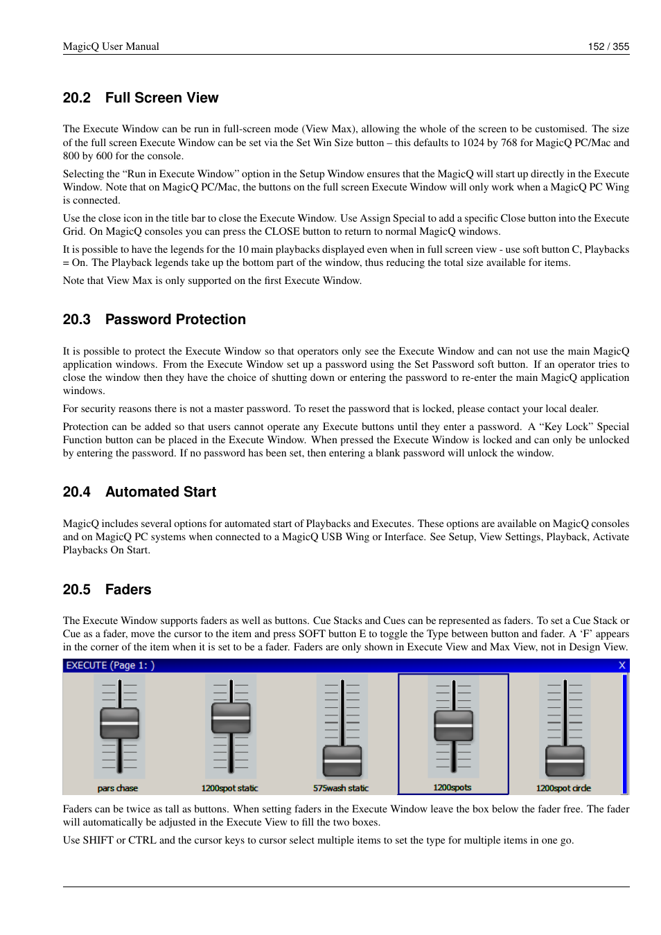 Full screen view, Password protection, Automated start | Faders, 2 full screen view, 3 password protection, 4 automated start, 5 faders | ChamSys MagicQ User Manual User Manual | Page 181 / 384