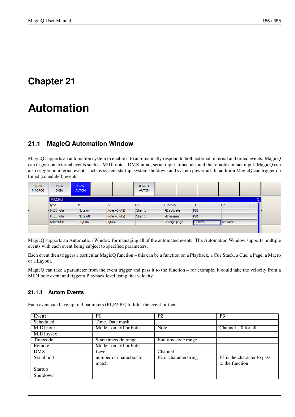 Automation, Magicq automation window, Autom events | 21 automation, 1 magicq automation window, 1 autom events, Chapter 21 | ChamSys MagicQ User Manual User Manual | Page 185 / 384