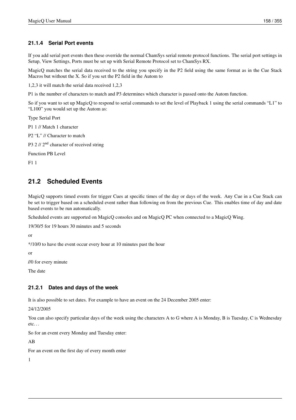 Serial port events, Scheduled events, Dates and days of the week | 4 serial port events, 2 scheduled events, 1 dates and days of the week | ChamSys MagicQ User Manual User Manual | Page 187 / 384