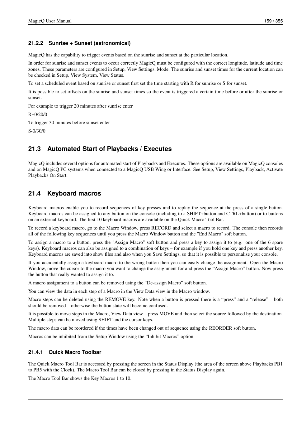 Sunrise + sunset (astronomical), Automated start of playbacks / executes, Keyboard macros | Quick macro toolbar, 2 sunrise + sunset (astronomical), 3 automated start of playbacks / executes, 4 keyboard macros, 1 quick macro toolbar | ChamSys MagicQ User Manual User Manual | Page 188 / 384