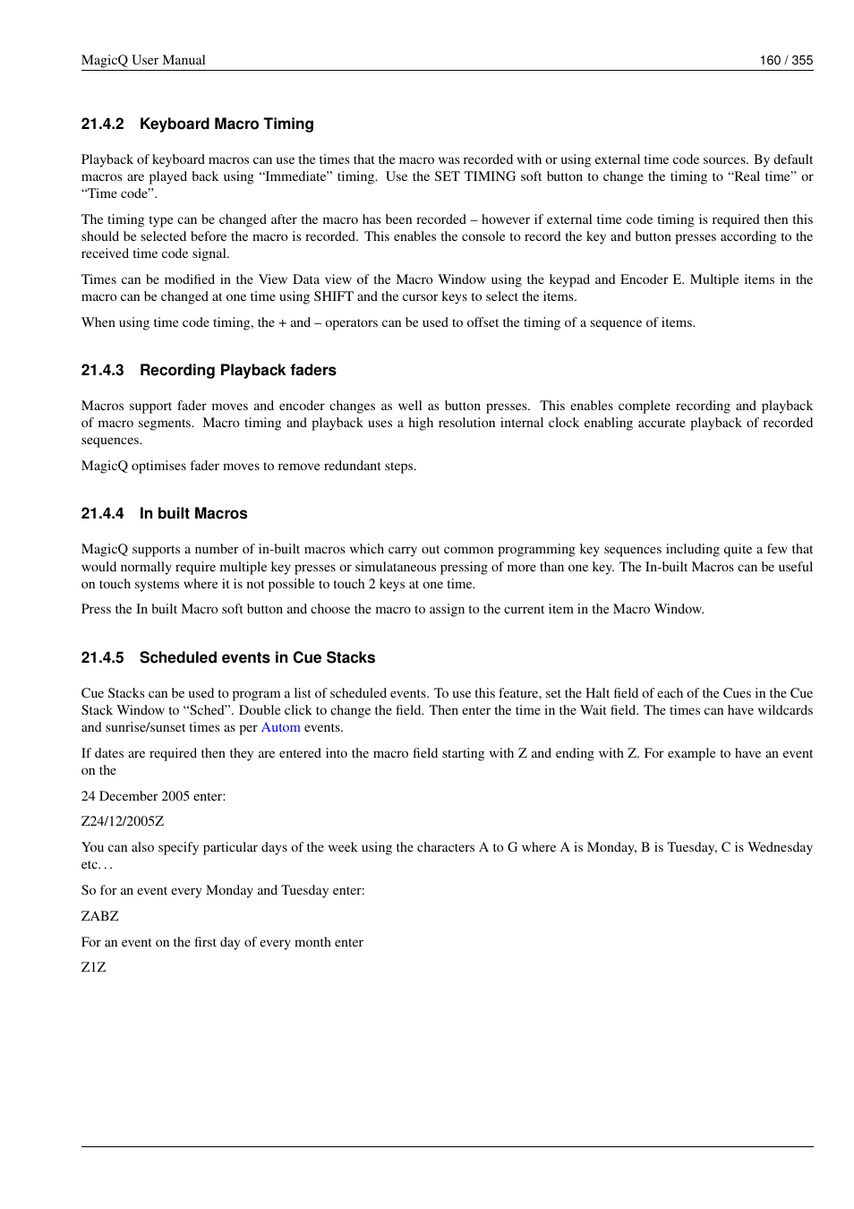 Keyboard macro timing, Recording playback faders, In built macros | Scheduled events in cue stacks, 2 keyboard macro timing, 3 recording playback faders, 4 in built macros, 5 scheduled events in cue stacks | ChamSys MagicQ User Manual User Manual | Page 189 / 384