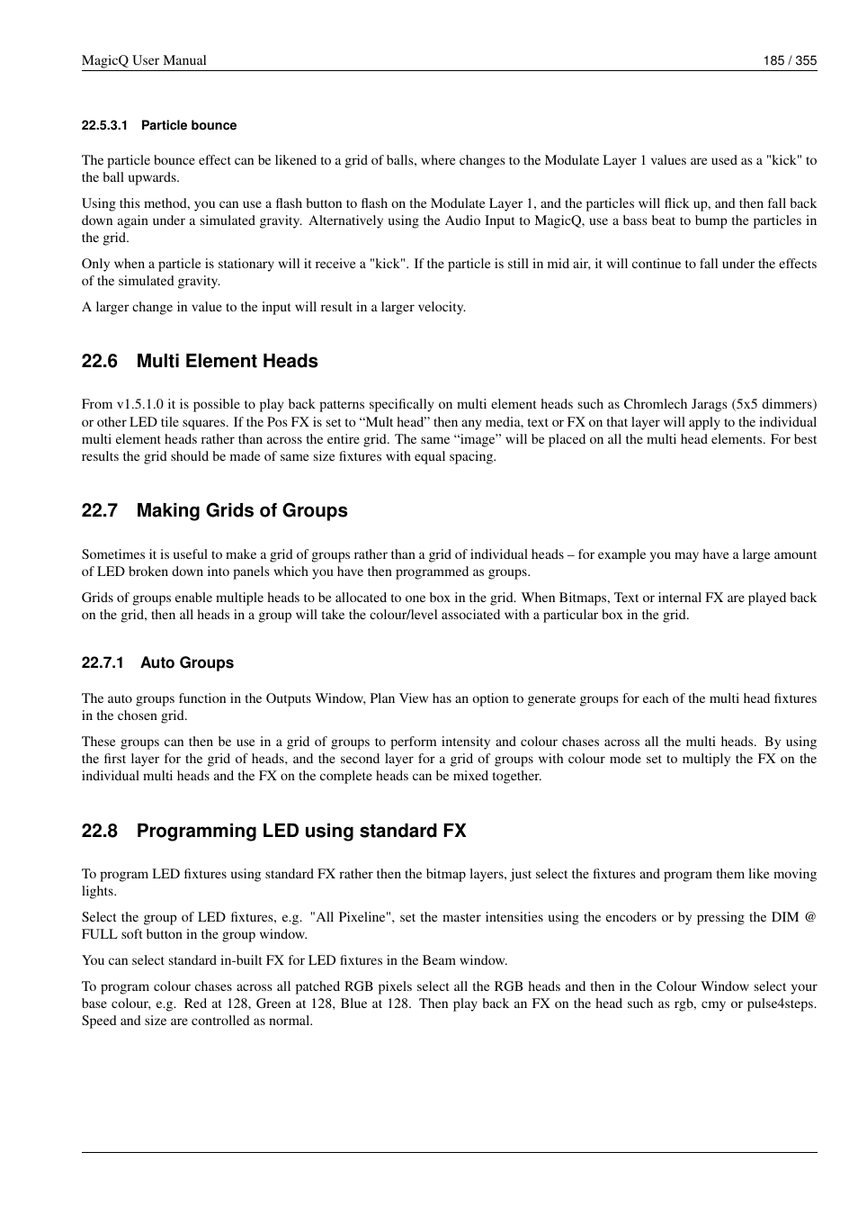 Particle bounce, Multi element heads, Making grids of groups | Auto groups, Programming led using standard fx, 1 particle bounce, 6 multi element heads, 7 making grids of groups, 1 auto groups, 8 programming led using standard fx | ChamSys MagicQ User Manual User Manual | Page 214 / 384