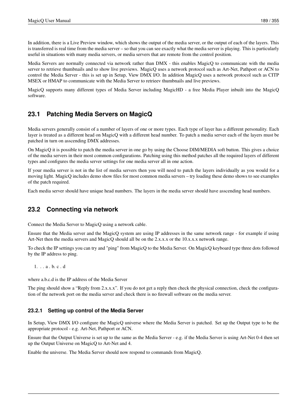 Patching media servers on magicq, Connecting via network, Setting up control of the media server | 1 patching media servers on magicq, 2 connecting via network, 1 setting up control of the media server | ChamSys MagicQ User Manual User Manual | Page 218 / 384