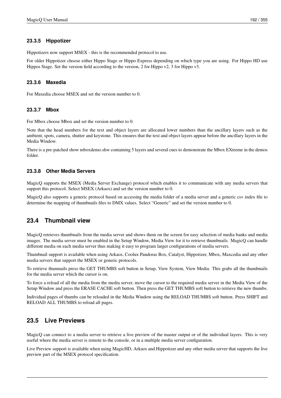 Hippotizer, Maxedia, Mbox | Other media servers, Thumbnail view, Live previews, 5 hippotizer, 6 maxedia, 7 mbox, 8 other media servers | ChamSys MagicQ User Manual User Manual | Page 221 / 384