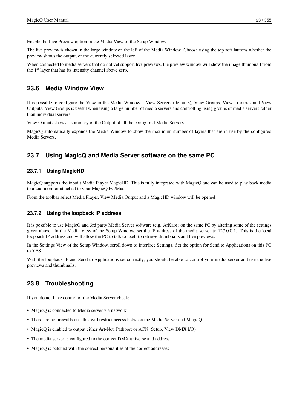 Media window view, Using magichd, Using the loopback ip address | Troubleshooting, 6 media window view, 1 using magichd, 2 using the loopback ip address, 8 troubleshooting | ChamSys MagicQ User Manual User Manual | Page 222 / 384