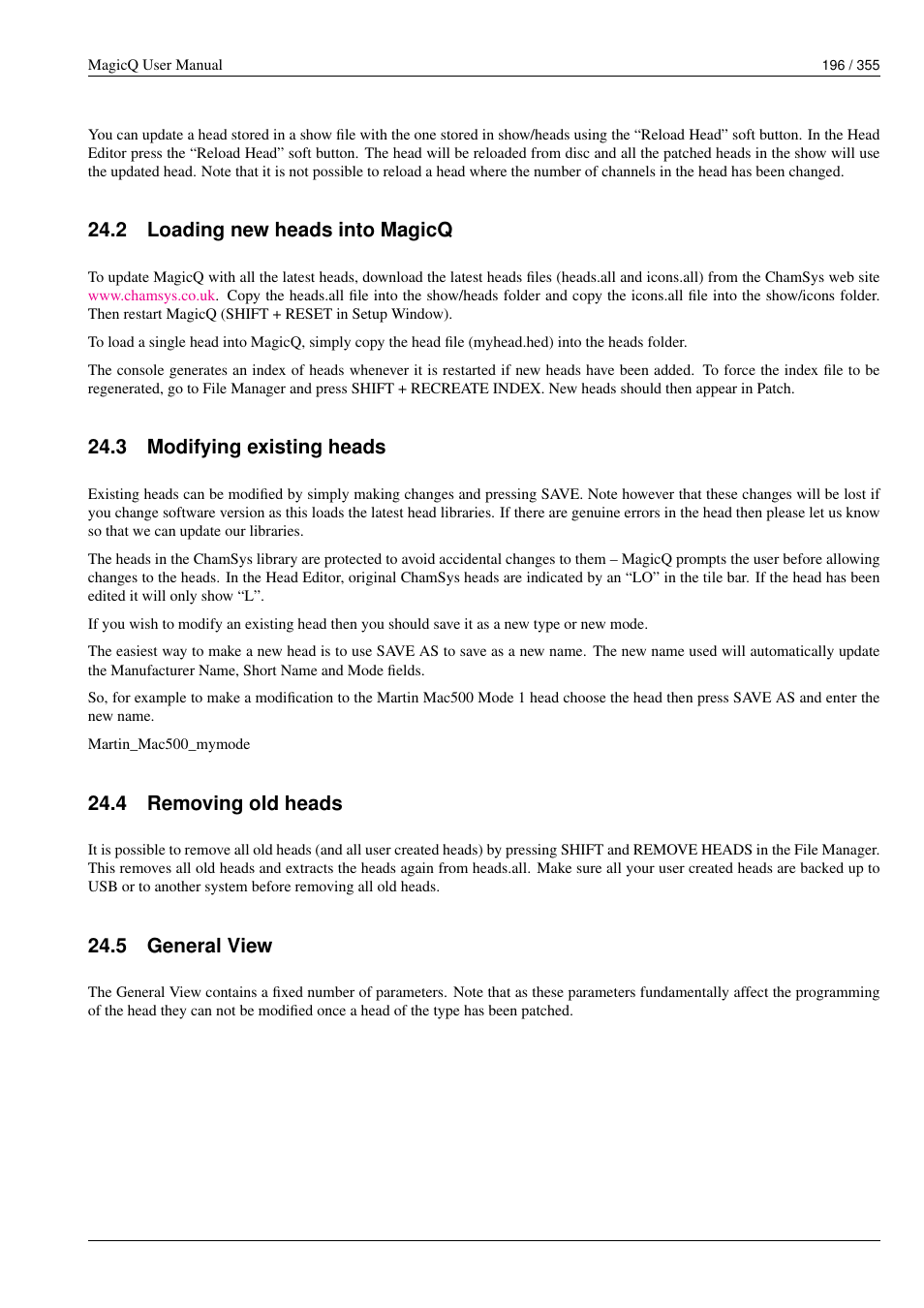 Loading new heads into magicq, Modifying existing heads, Removing old heads | General view, 2 loading new heads into magicq, 3 modifying existing heads, 4 removing old heads, 5 general view | ChamSys MagicQ User Manual User Manual | Page 225 / 384