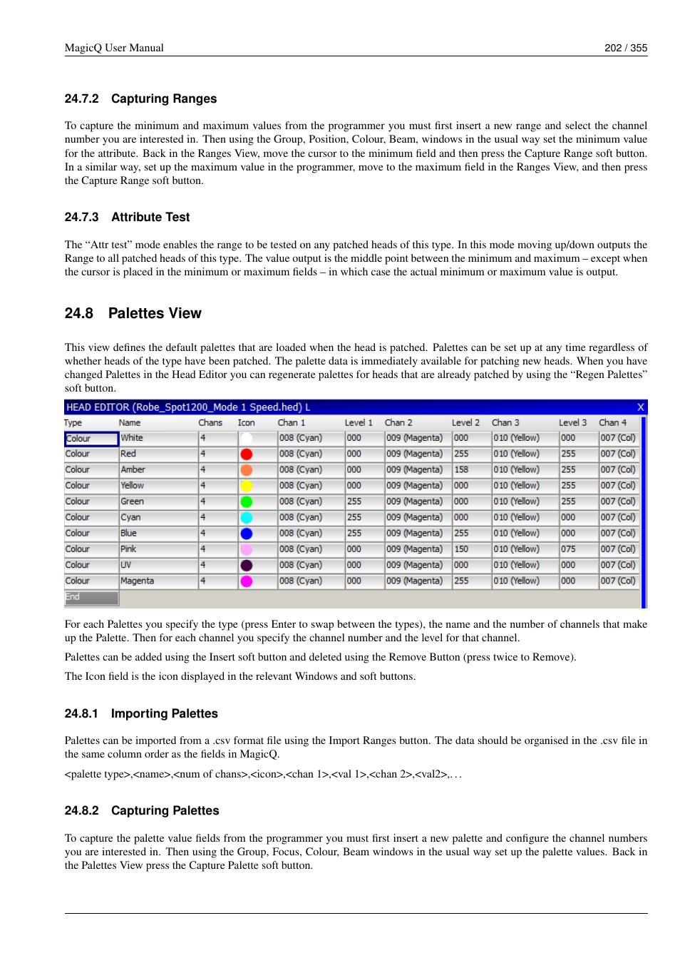 Capturing ranges, Attribute test, Palettes view | Importing palettes, Capturing palettes, 2 capturing ranges, 3 attribute test, 8 palettes view, 1 importing palettes, 2 capturing palettes | ChamSys MagicQ User Manual User Manual | Page 231 / 384