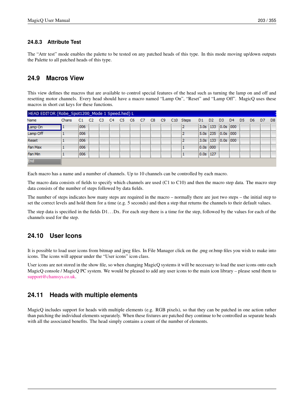 Attribute test, Macros view, User icons | Heads with multiple elements, 3 attribute test, 9 macros view, 10user icons, 11heads with multiple elements | ChamSys MagicQ User Manual User Manual | Page 232 / 384