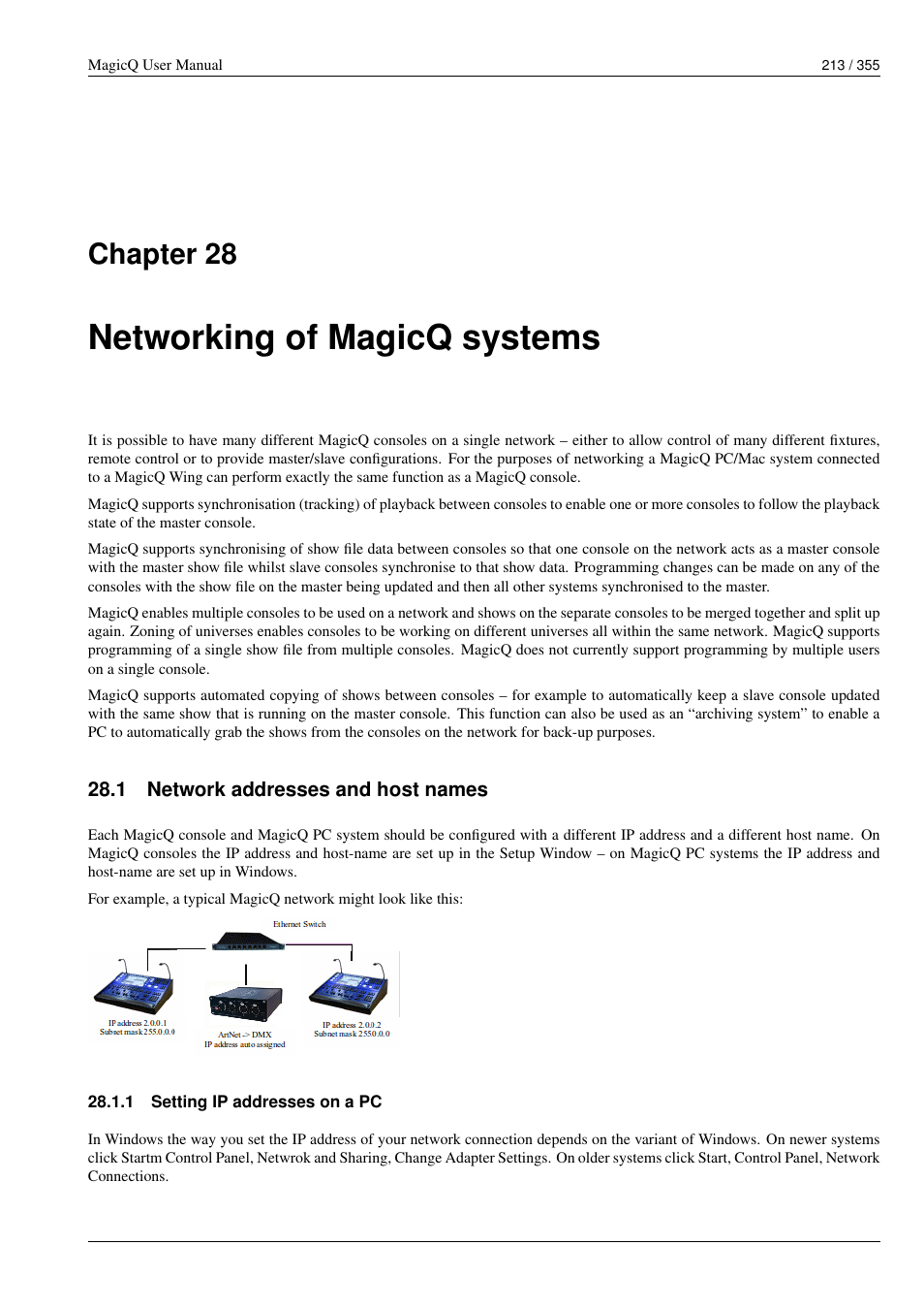 Networking of magicq systems, Network addresses and host names, Setting ip addresses on a pc | 28 networking of magicq systems, 1 network addresses and host names, 1 setting ip addresses on a pc, Chapter 28 | ChamSys MagicQ User Manual User Manual | Page 242 / 384