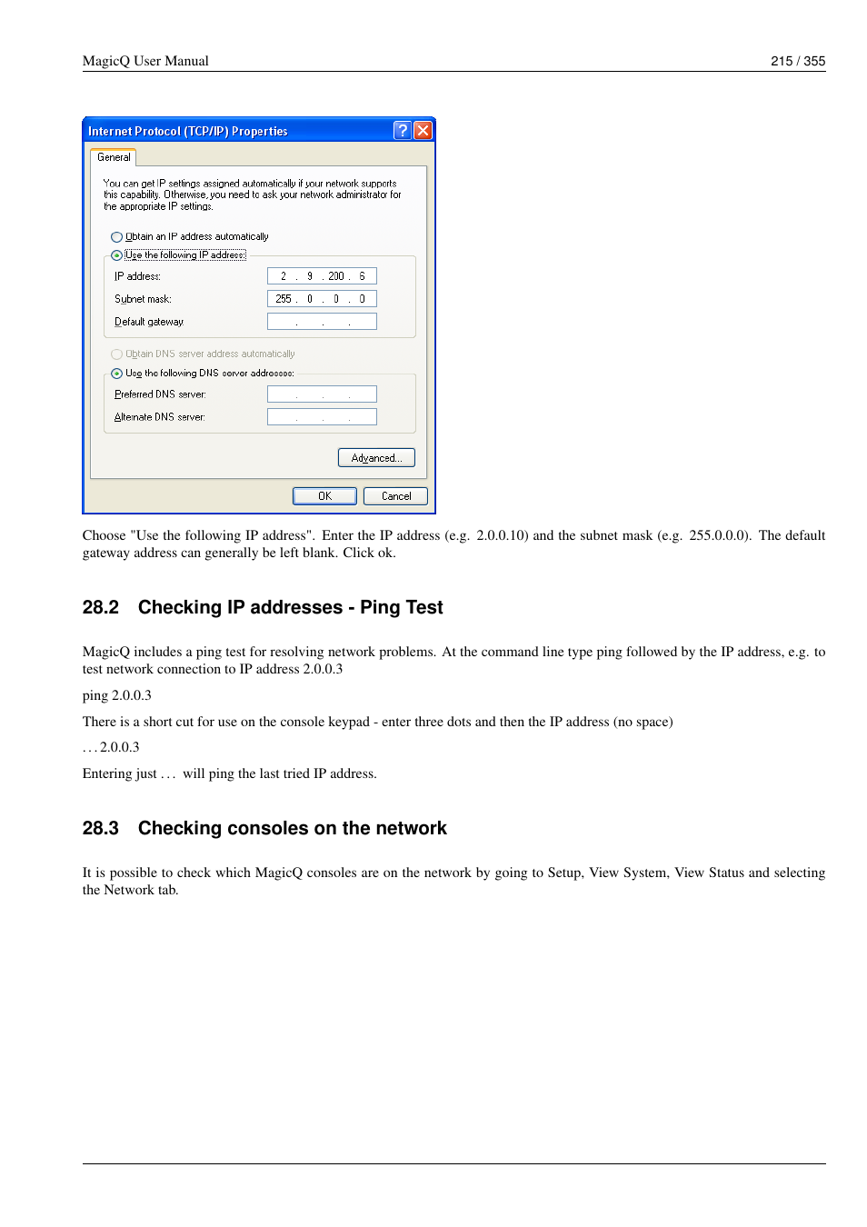 Checking ip addresses - ping test, Checking consoles on the network, 2 checking ip addresses - ping test | 3 checking consoles on the network | ChamSys MagicQ User Manual User Manual | Page 244 / 384