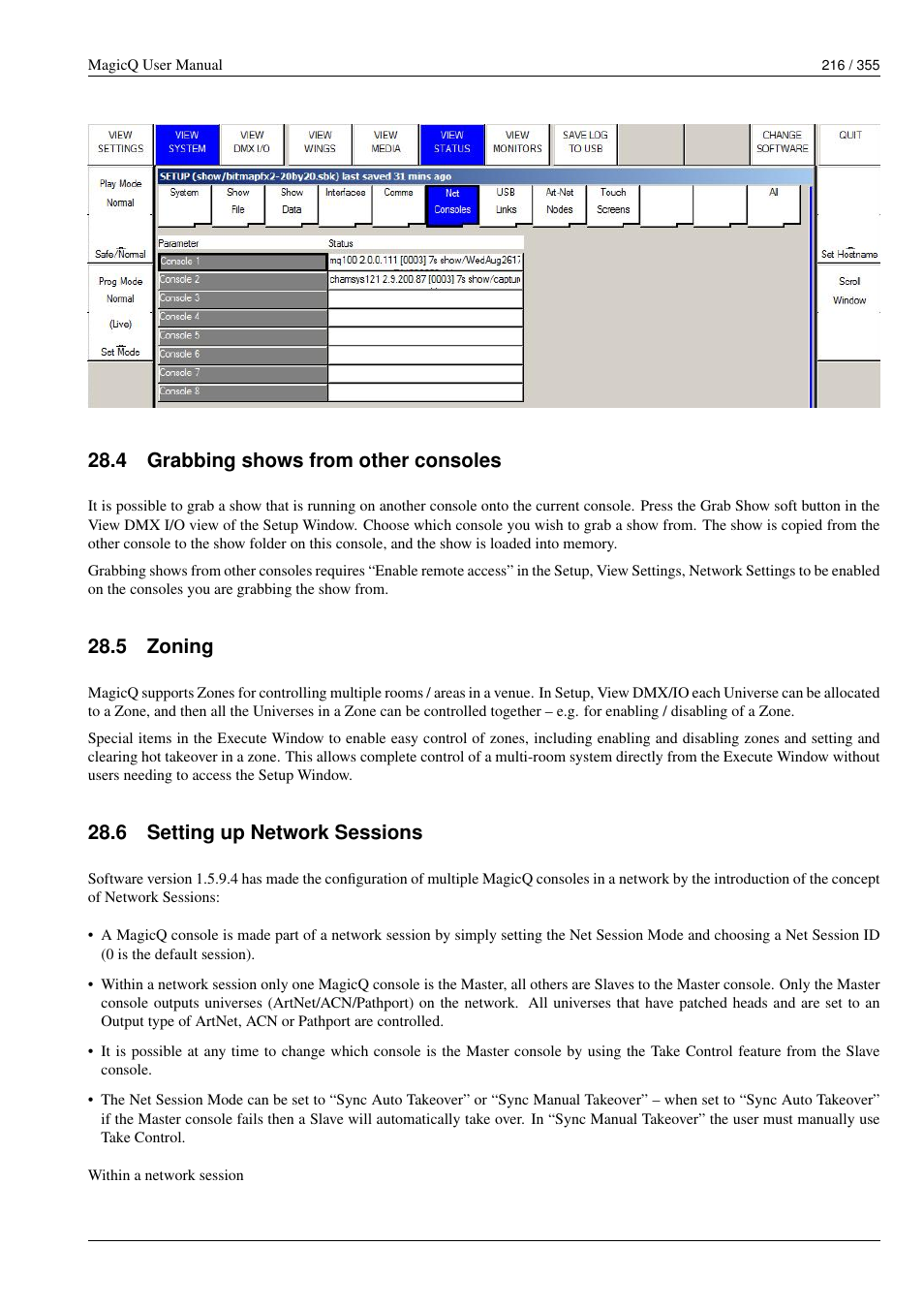 Grabbing shows from other consoles, Zoning, Setting up network sessions | 4 grabbing shows from other consoles, 5 zoning, 6 setting up network sessions | ChamSys MagicQ User Manual User Manual | Page 245 / 384