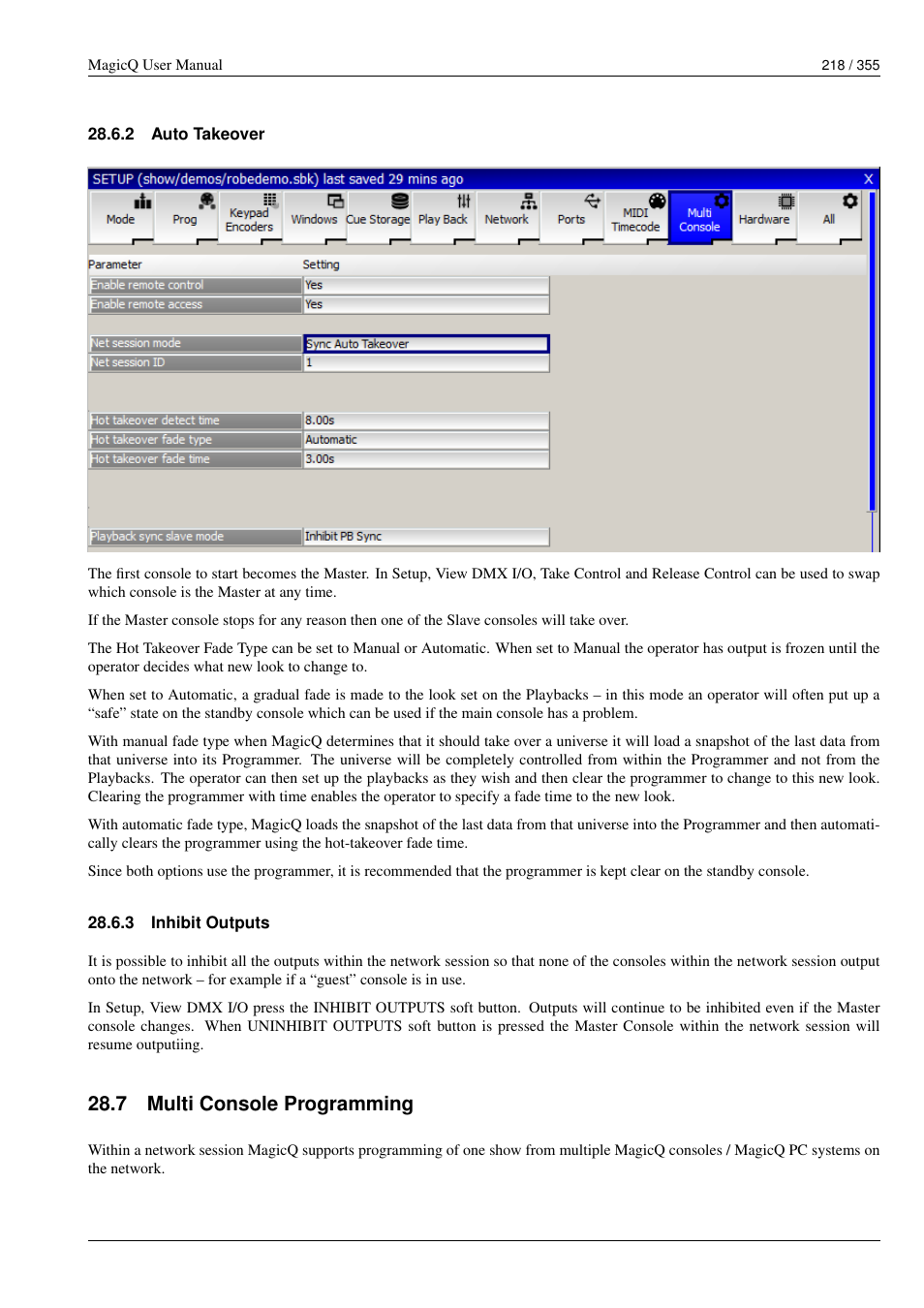 Auto takeover, Inhibit outputs, Multi console programming | 2 auto takeover, 3 inhibit outputs, 7 multi console programming | ChamSys MagicQ User Manual User Manual | Page 247 / 384